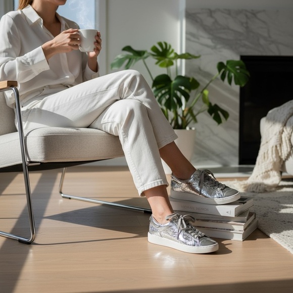 MICHAEL KORS Size 7 Silver Mirror Logo Print Lace Up Fashion Sneakers R $99 - Picture 12 of 14